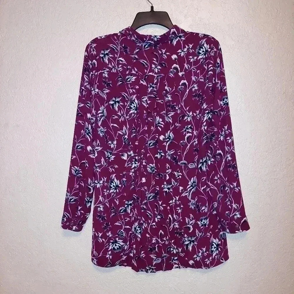 J. Jill Tunic Top Womens XS Burgundy Black Gray Floral Button Up Pleated Back - Picture 2 of 7